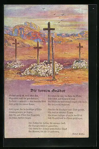 Künstler-AK Kriegsgräber mit Kreuzen in einer sonnigen kargen Landschaft, Gedicht