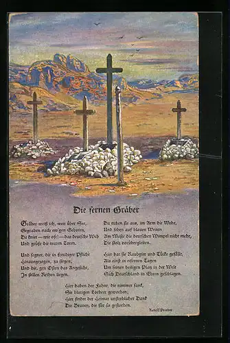 Künstler-AK Die fernen Gräber - Kriegsgräber in einer kargen Landschaft, Gedicht