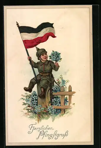 Lithographie Kleiner Soldat mit Reichsfahne und Blumenstrauss - Pfingstgruss