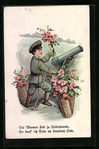 Lithographie Kleiner Soldat mit Kanone und Rosenkörben