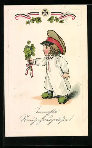 Lithographie Kleiner Soldat mit Glücksklee - Neujahrsgruss