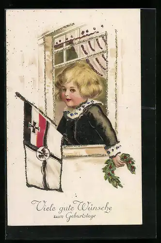 Lithographie Kind im Fenster mit Fahne - Geburtstagsgruss, Glitter