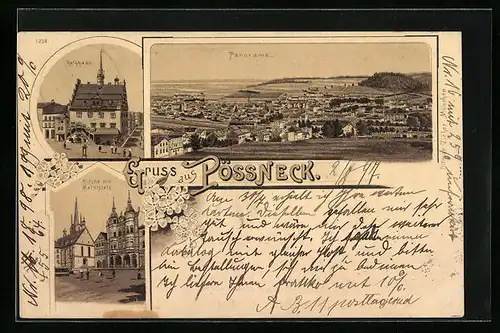 Lithographie Pössneck, Panorama, Rathaus, Kirche mit Marktplatz
