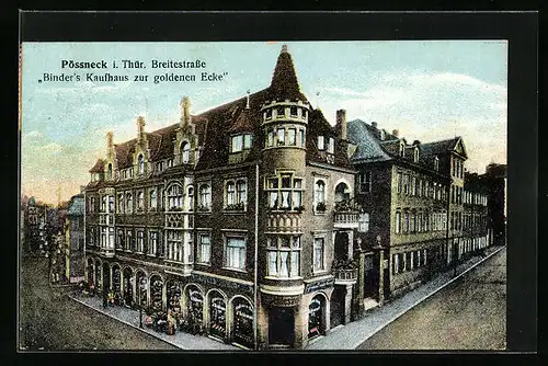 AK Pössneck i. Thür., Binder`s Kaufhaus zur goldenen Ecke in der Breitestrasse
