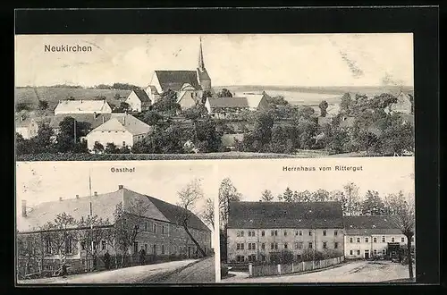 AK Neukirchen, Gasthof, Herrnhaus vom Rittergut, Teilansicht mit Kirche