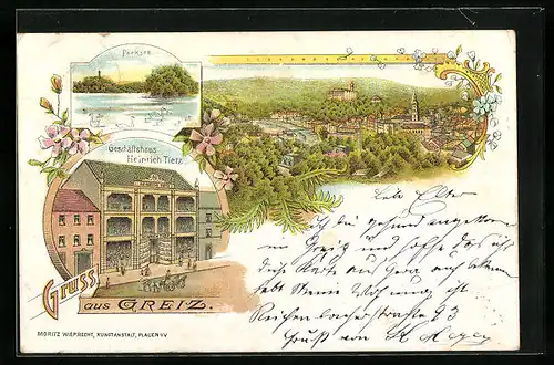 Lithographie Greiz, Gesamtansicht mit Parksee