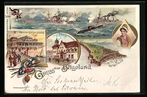 Lithographie Helgoland, Hafenpartie mit Conversationshaus