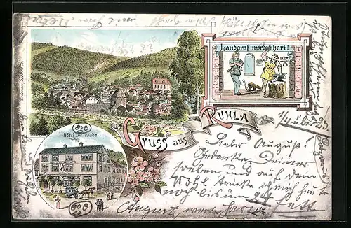 Lithographie Ruhla, Hotel zur Traube, Ortsansicht