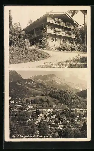 AK Berchtesgaden, Hotel-Pension Landhaus Max Brandner am Salzberg, Ortsansicht gegen Untersberg