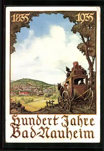 Künstler-AK Bad Nauheim, Festpostkarte zur 100 Jahrfeier 1935, Kutsche vor der Stadt