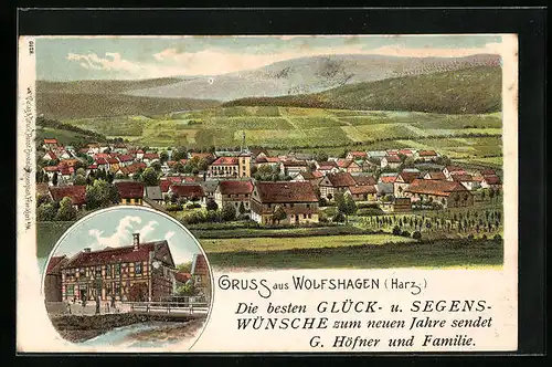 Lithographie Wolfshagen /Harz, Ortsansicht mit Feldern und Bergen, Haus Gustav Höfner mit Bachbrücke