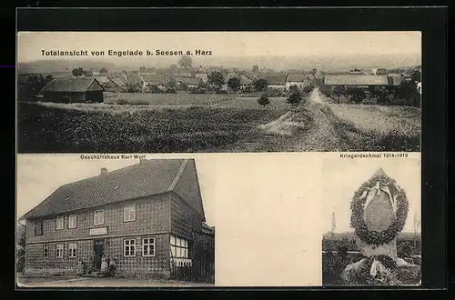 AK Engelade bei Seesen a. Harz, Panorama, Geschäftshaus Karl Wolf, Kriegerdenkmal