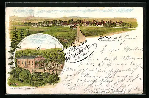 Lithographie Northen /bei Gehrden, Ortspanorama und Restaurant zur Fröhlichen Weinschenke mit Garten