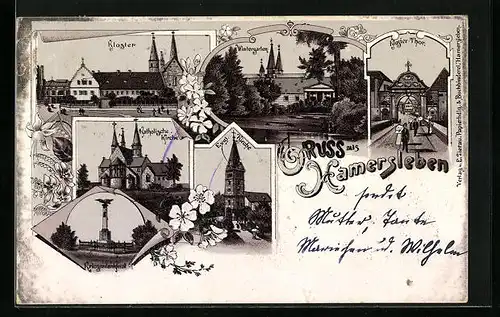 Lithographie Hamersleben, Kloster, Wintergarten, Kirchen, Kriegerdenkmal