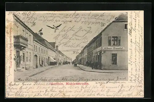 AK Genthin, Partie in der Mühlenstrasse mit Geschäftshaus Albert Stendel