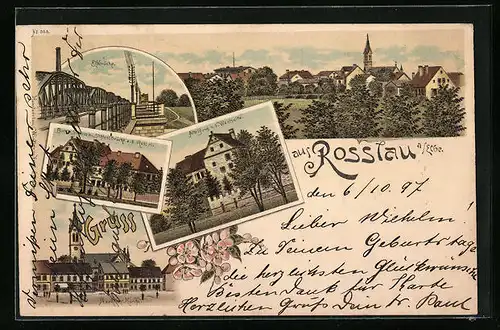 Lithographie Rosslau a. Elbe, Alte Burg, Elbbrücke, Marktplatz und Kirche
