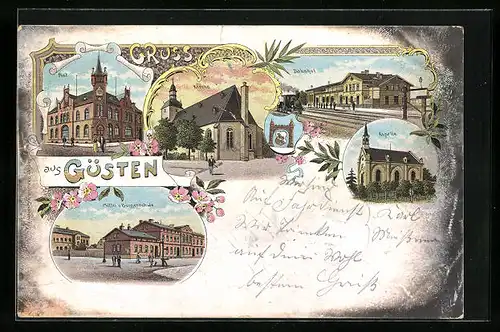 Lithographie Güsten, Bahnhof, Mittel- und Bürgerschule, Post