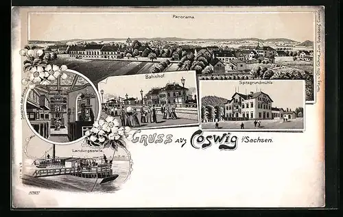 Lithographie Coswig i. Sa., Gasthof Spitzgrundmühle, Bahnhof, Dampferlandungsstelle