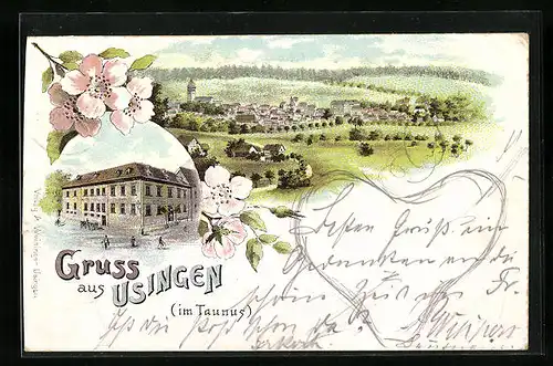 Lithographie Usingen /Taunus, Am Gasthaus, Totalansicht vom Ort