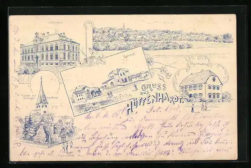 Lithographie Hüffenhardt, Bahnhof, Schule, Pfarrhaus