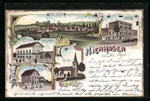 Lithographie Nienhagen, Gasthof Deutsches Haus, Kirche, Post