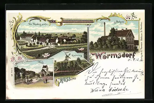 Lithographie Wormsdorf, Molkerei, Windmühle auf dem Kirschenberg