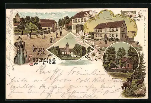 Lithographie Eggenstedt, Gasthof Meier, Forsthaus, Strasse nach Seehausen