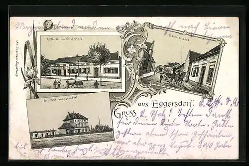 Lithographie Eggersdorf, Restaurant von O. Arnold, Tränk-Strasse, Bahnhof