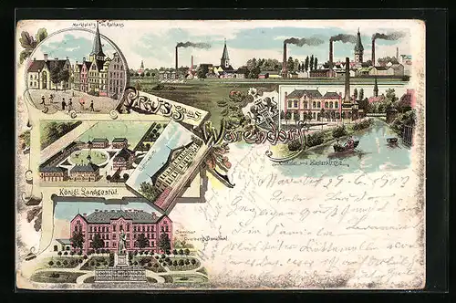 Lithographie Warendorf, Königl. Landgestüt, Seminar mit Overberg-Denkmal, Emsufer und Klosterkirche