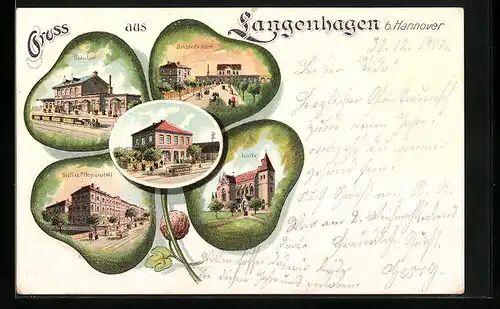 Passepartout-Lithographie Langenhagen b. Hannover, Bahnhof, Heil- und Pflegeanstalt, Bahnhofs-Allee