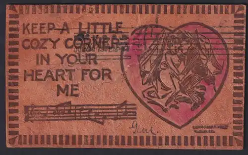 Leder-AK Keep a little cozy corner..., Brautpaar im Herzrahmen