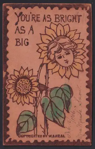 Leder-AK You`re as bright as a big Sunflower, Sonnenblume mit Frauengesicht