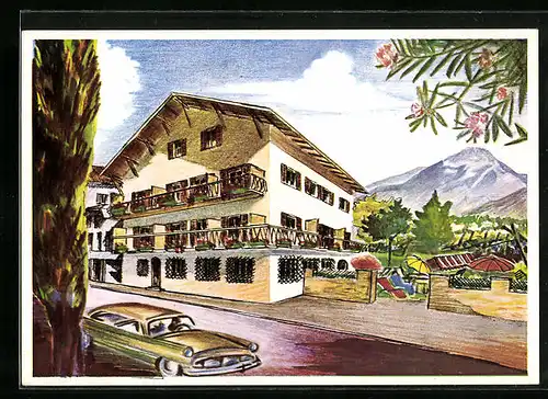 Künstler-AK Meran, Hotel Haus Theiner Fischwirt, Romstrasse 171