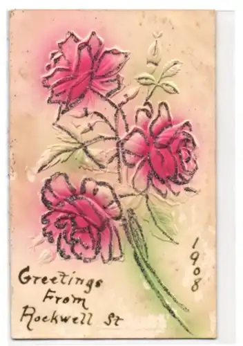 Glitzer-Perl-AK Greetings from Rockwell, Rosen mit Glitzer-Perlen
