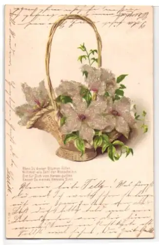 Glitzer-Perl-AK Helle Blumen mit Glitzer-Perlen im Korb