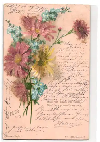 Glitzer-Perl-AK Astern und Vergissmeinnicht mit Glitzer-Perlen