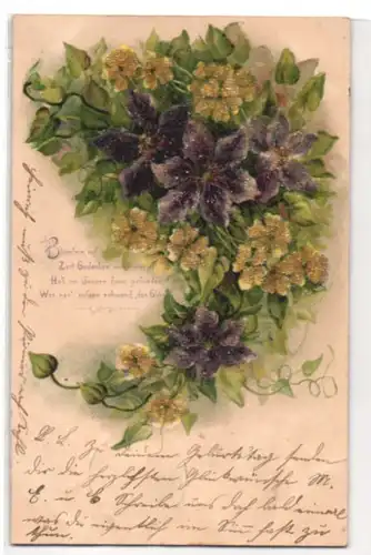 Glitzer-Perl-AK Gelbe und violette Blumen mit Glitzer-Perlen