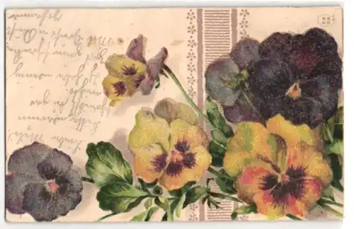 Glitzer-Perl-AK Violette und gelbe Stiefmütterchen mit Glitzer-Perlen