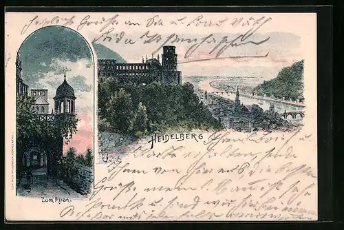 Lithographie Heidelberg, Zum Altan, Teilansicht mit Schloss