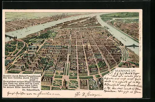 Lithographie Mannheim, Schematische Stadtansicht aus der Vogelschau