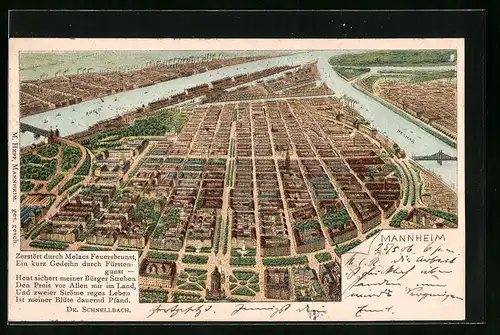 Lithographie Mannheim, Schematische Stadtansicht mit Rhein und Neckar aus der Vogelschau