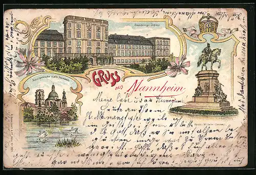 Lithographie Mannheim, Jesuitenkirche und Sternwarte, Grossherzogl. Schloss