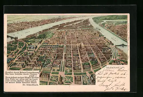 Lithographie Mannheim, Schematische Stadtansicht mit Rhein und Neckar