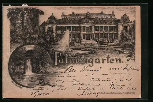 Künstler-AK Frankfurt-Westend, Wasserfall, Gasthof Palmengarten-Gebäude