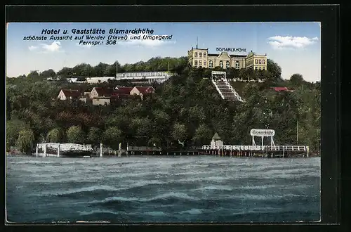 AK Werder /Havel, Hotel und Gaststätte Bismarckhöhe von der Havel gesehen