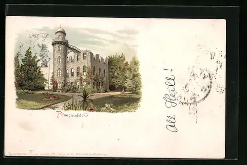 Lithographie Berlin-Wannsee, Schloss auf der Pfaueninsel