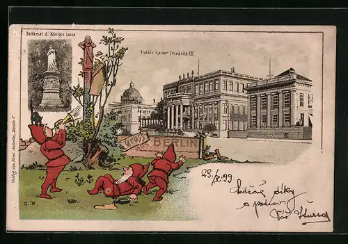 Künstler-AK Berlin, Palais Kaiser Friedrich III., Lärmende und betrunkene Gartenzwerge