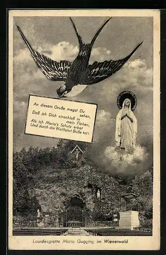 AK Maria Gugging, Lourdesgrotte im Wienerwald, Vogel mit Nachricht