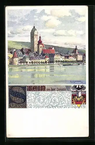 Künstler-AK Stein an der Donau, Uferpartie mit Kirche