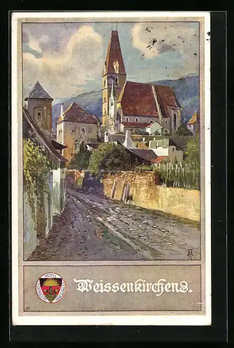 Künstler-AK Weissenkirchen, Strassenpartie mit Kirche